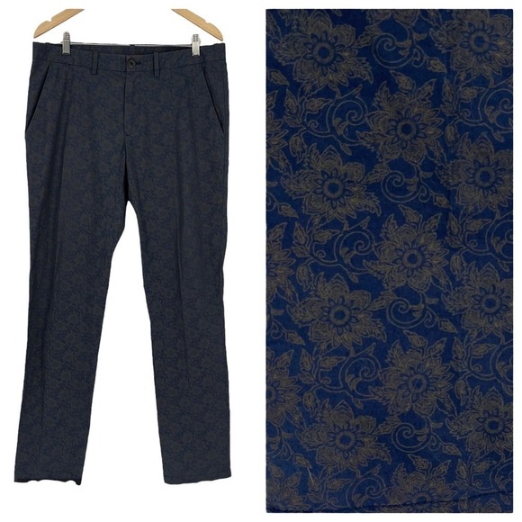United Colors Of Benetton Pants - Stile Benetton Pants Floral Paisley‎ Navy Gold Slim Fit Women’s Waist 36”